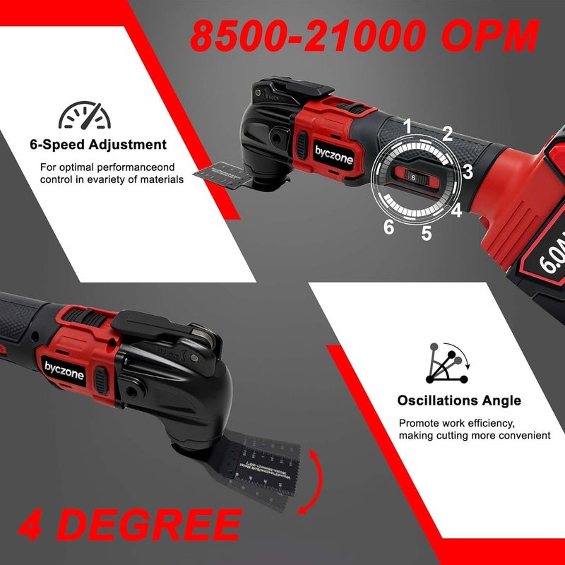 byczone Cordless Oscillating Multitool Compatible with Milwaukee 18V Battery, Tool Only, 6 Speeds 8,500-21,000 RPM, Bulit-in LED Light, 22 Accessories, Oscillating Power Tool for Scraping Cutting Sanding - Image 4